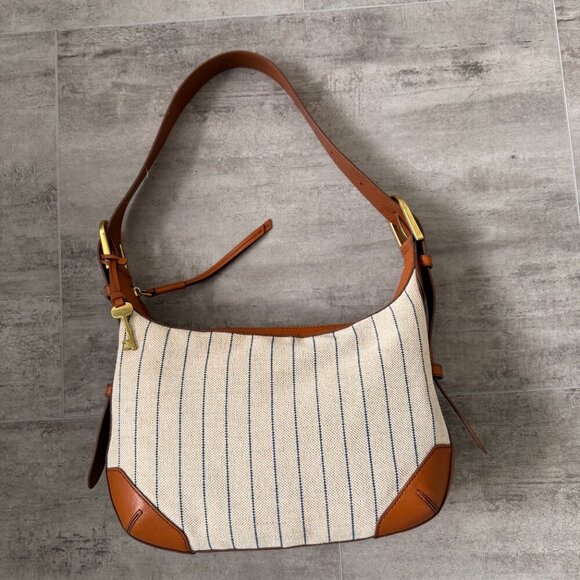 FOSSIL Tan W/ Blue Stripes HANNAH HOBO Canvas & Leather Shoulder Bag - Picture 2 of 16